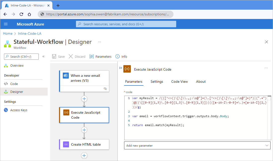 Azure Logic Apps inline code editor